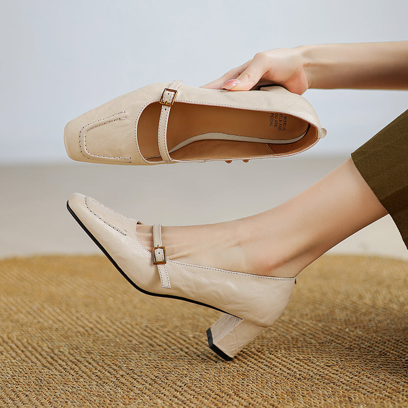 Women's Sheepskin Elegant Chunky Heel Buckle Pump