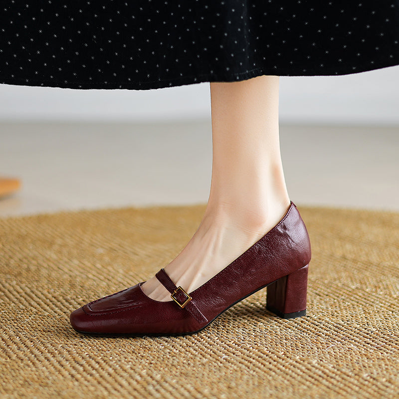 Women's Sheepskin Elegant Chunky Heel Buckle Pump
