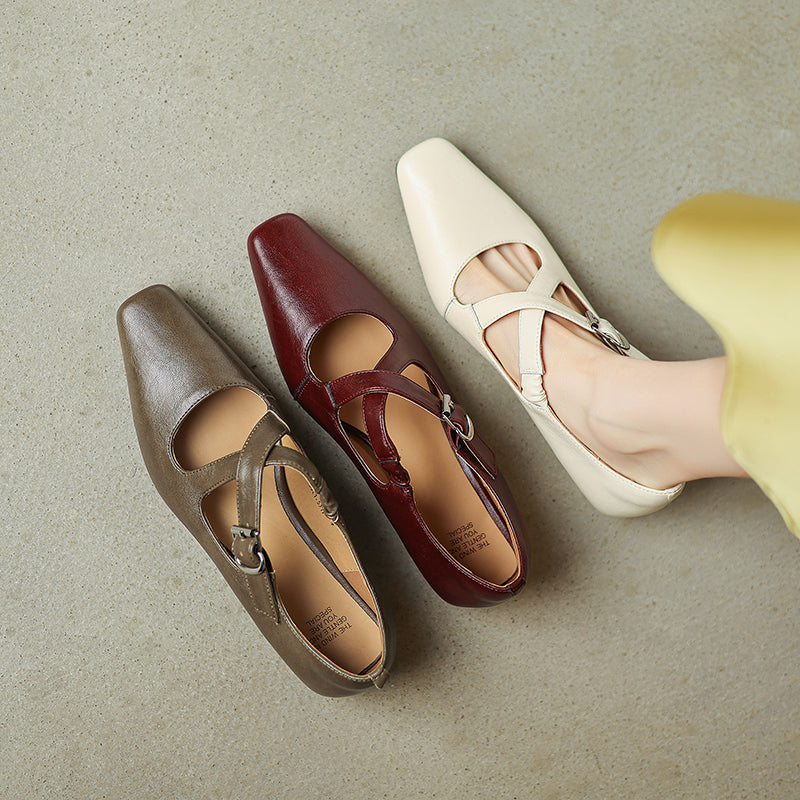 Womens Vintage Handmade Cross Buckle With Mary Jane Low Heels