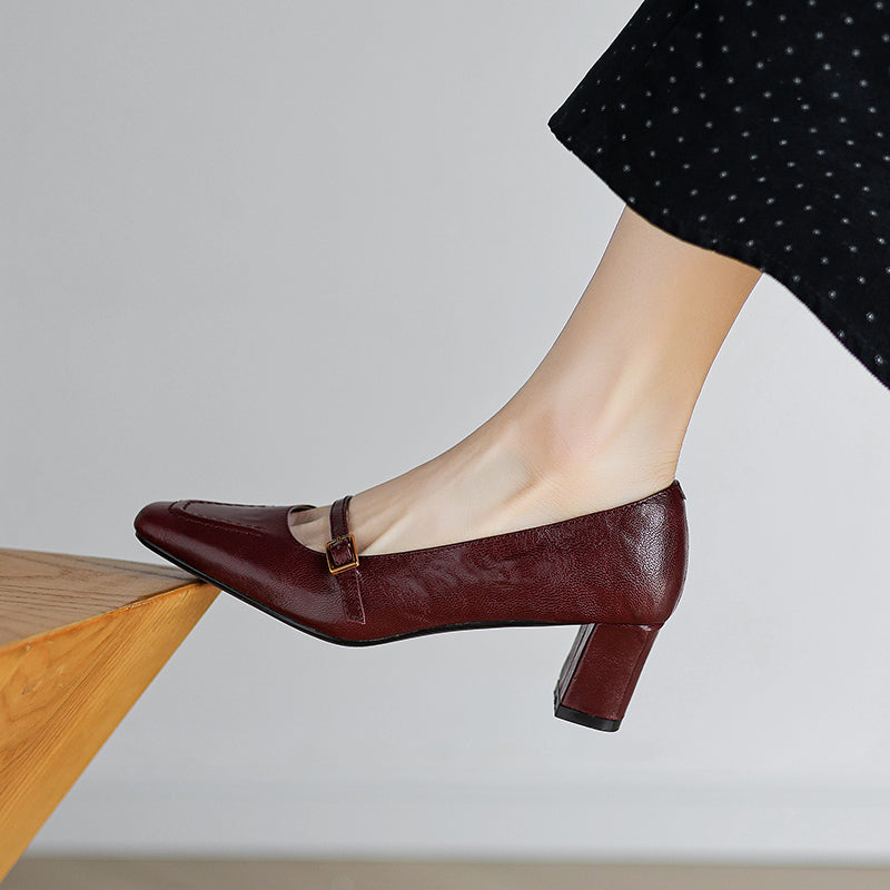 Women's Sheepskin Elegant Chunky Heel Buckle Pump