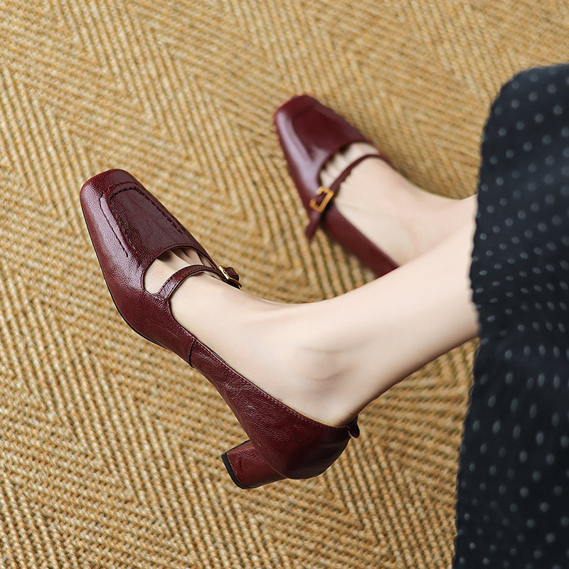 Women's Sheepskin Elegant Chunky Heel Buckle Pump