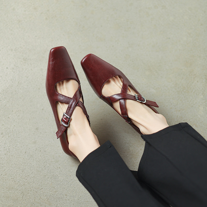 Womens Vintage Handmade Cross Buckle With Mary Jane Low Heels