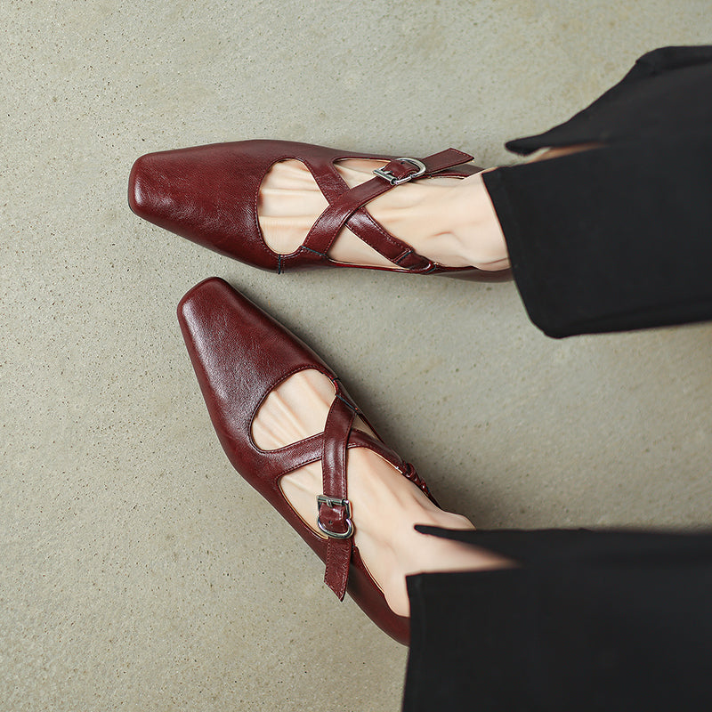 Womens Vintage Handmade Cross Buckle With Mary Jane Low Heels