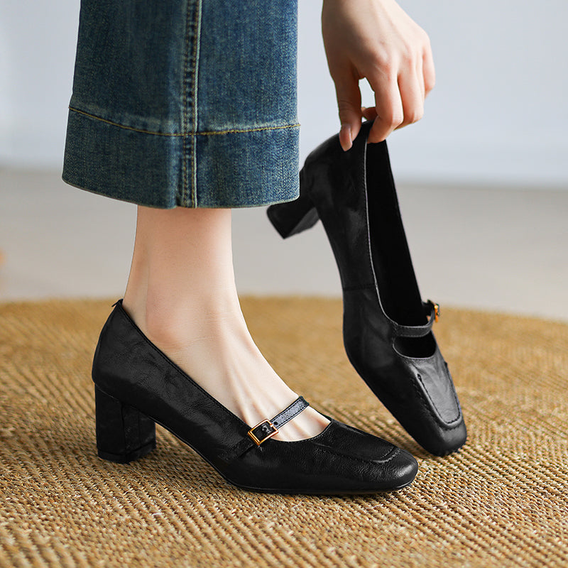 Women's Sheepskin Elegant Chunky Heel Buckle Pump