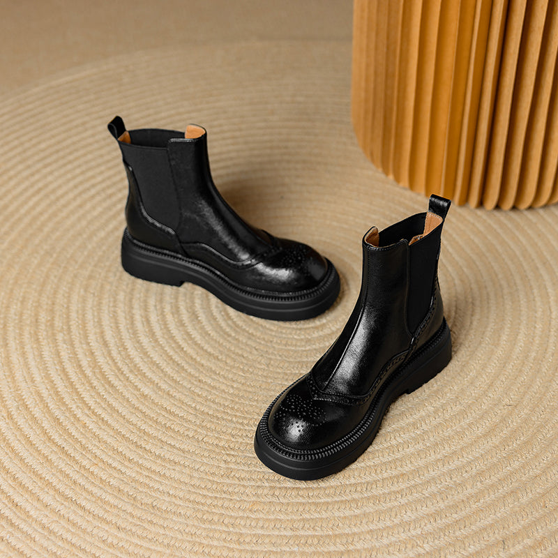 Stylish Women's Leather Brogue Platform Chelsea Boots – Ankle Height