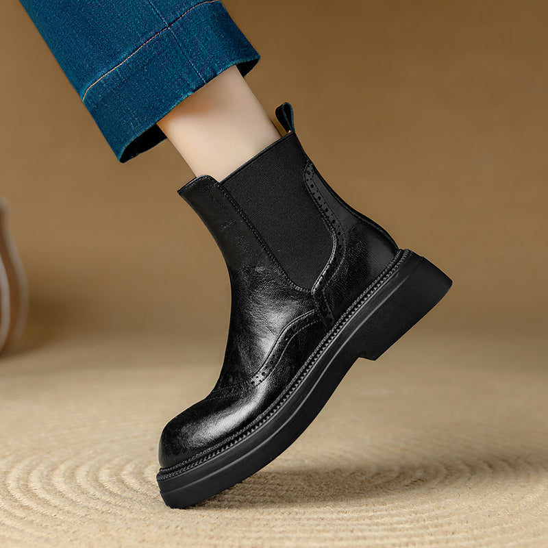 Stylish Women's Leather Brogue Platform Chelsea Boots – Ankle Height