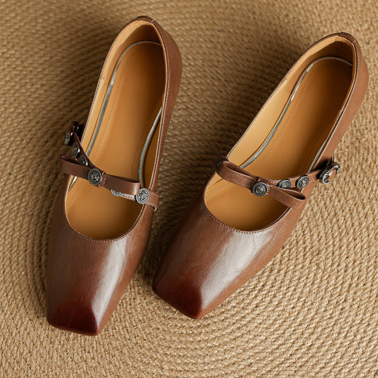 Women's Leather Bowknot One Strap Mary Jane Flats - RetroStep