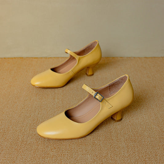 Women's Leather Round Toe Kitten Heel Mary Jane Pumps