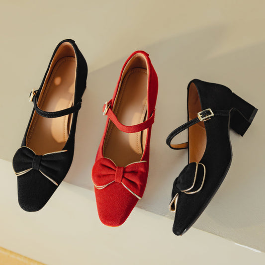 Suede Buckle With Bowknot Low Heeled Retro Women's Shoes - RetroStep