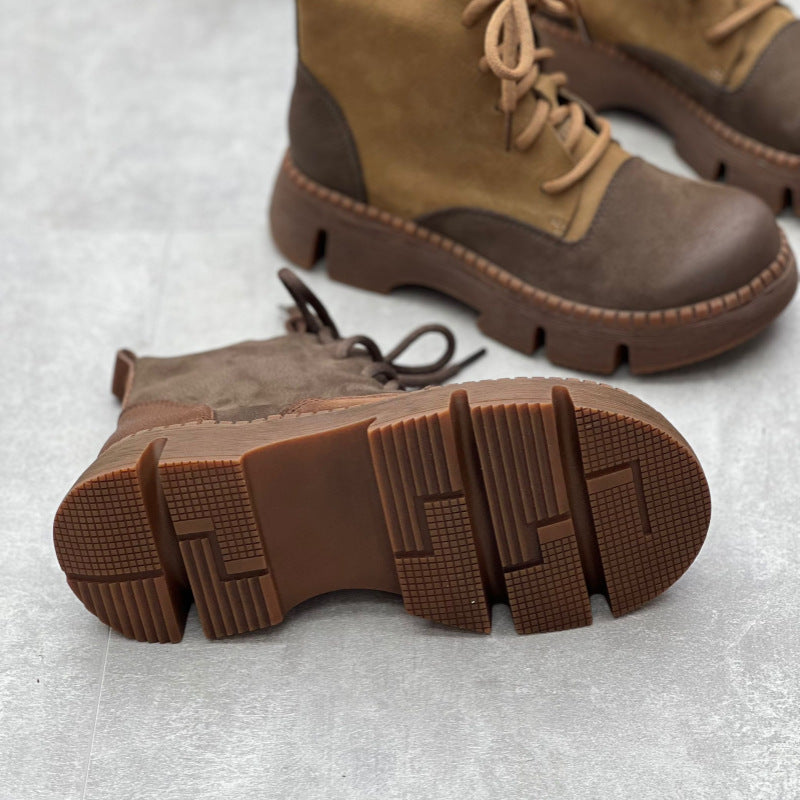 Women's Vintage Leather Patchwork Platform Ankle Boots – Lace-Up Non-Slip