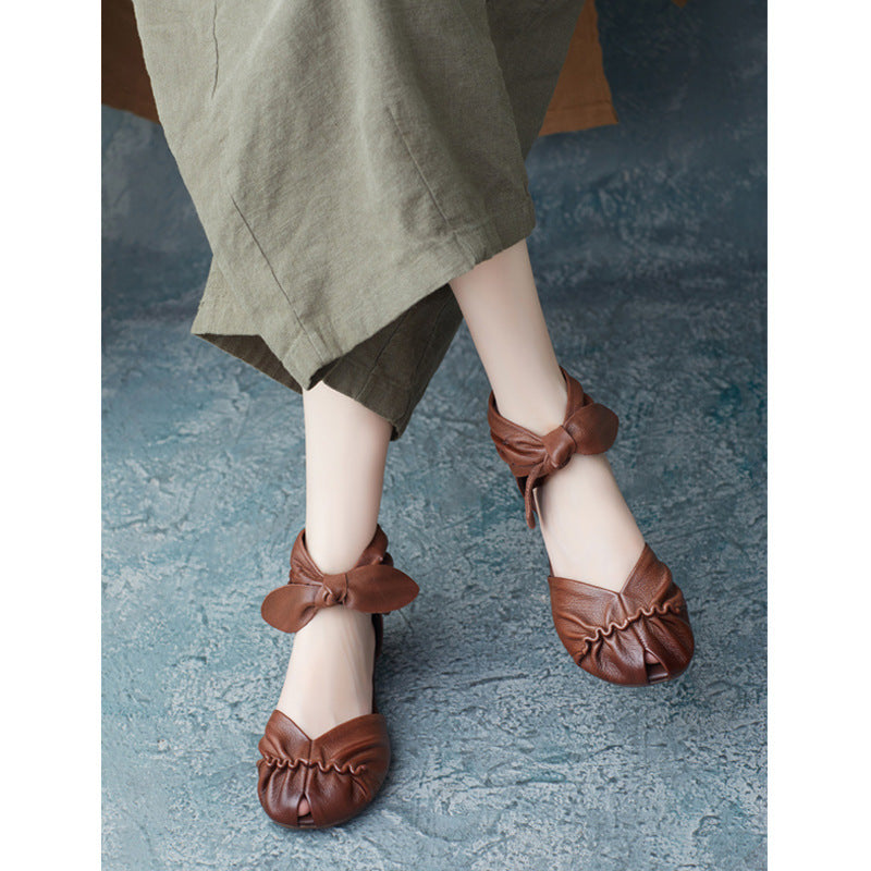 Womens Genuine Leather Handmade Summer Bow Ankle Zipper Sandals