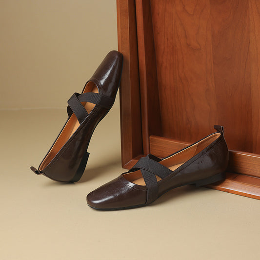Women's Leather Vintage Elastic Cross Strap Ballet Flat Shoes