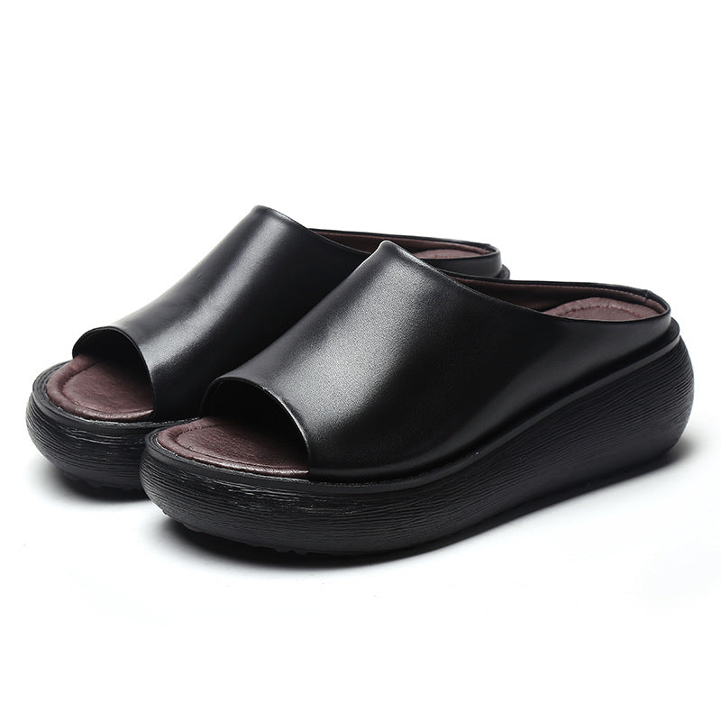 Women's Leather Open Toe Chunky Wedge Heel Mule