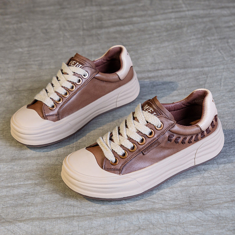 Women's Casual Leather Platform Lace-Up Sneakers