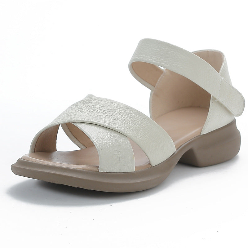 Women's Leather Classic Open Toe Mid Heel Chunky Sandals