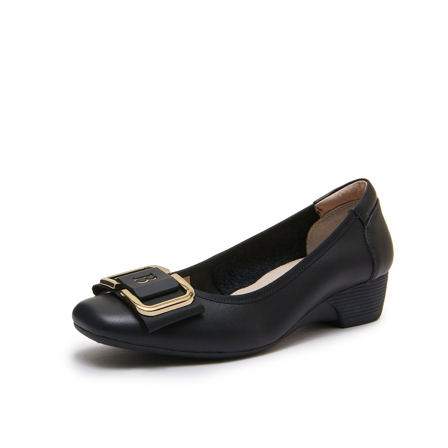 Women's Leather Low Heel Metal Buckle Embellished Pump