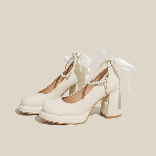 Women's Platform Pump - Block High Heel with Bow & Pearl Details