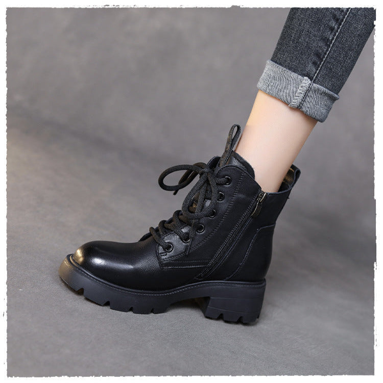 Women's Retro Platform Leather Ankle Boots – Zip & Lace-Up Design
