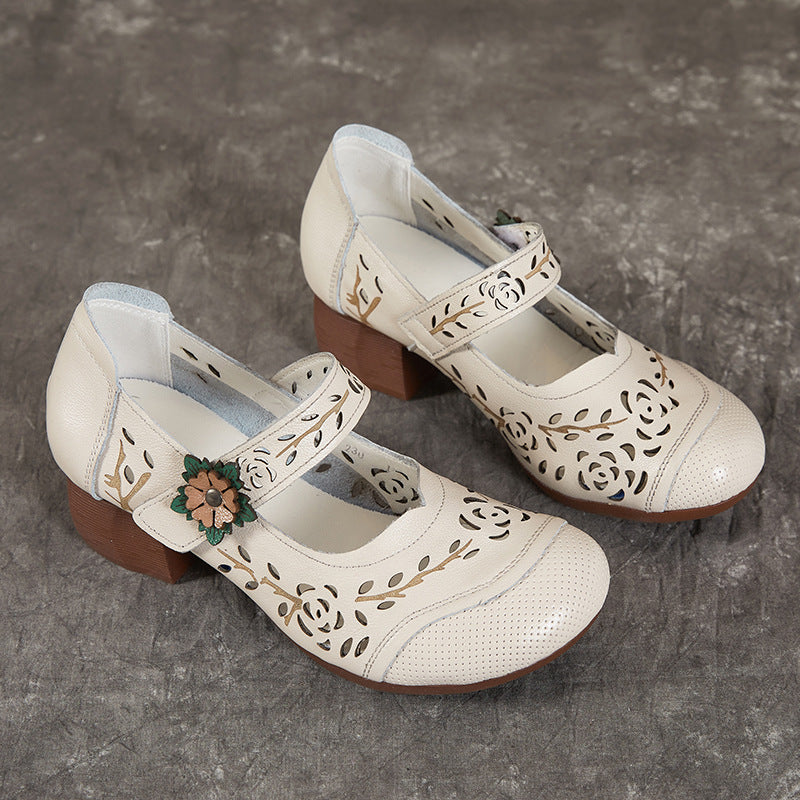 Women's Retro Summer Non-slip Leather Sandals Hollowed Out Block Heeled