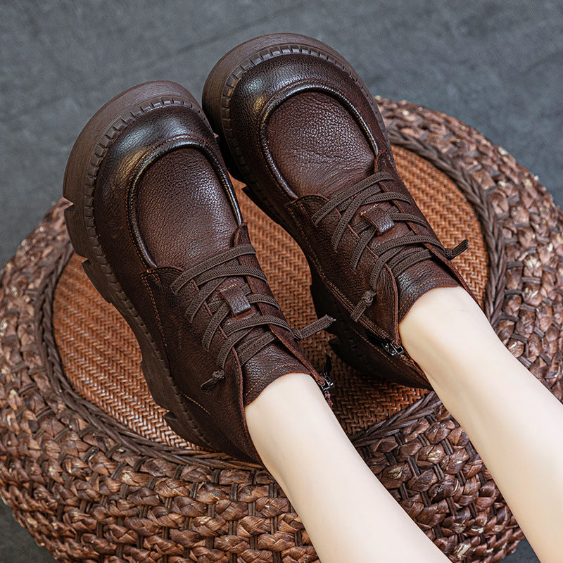 Women's Vintage Leather Platform Ankle Boots – Lace-Up Zipper Non-Slip Style