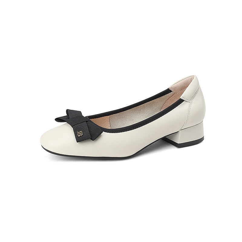 Women's Leather Ballet Flats - Round Toe with Elegant Bow Detail
