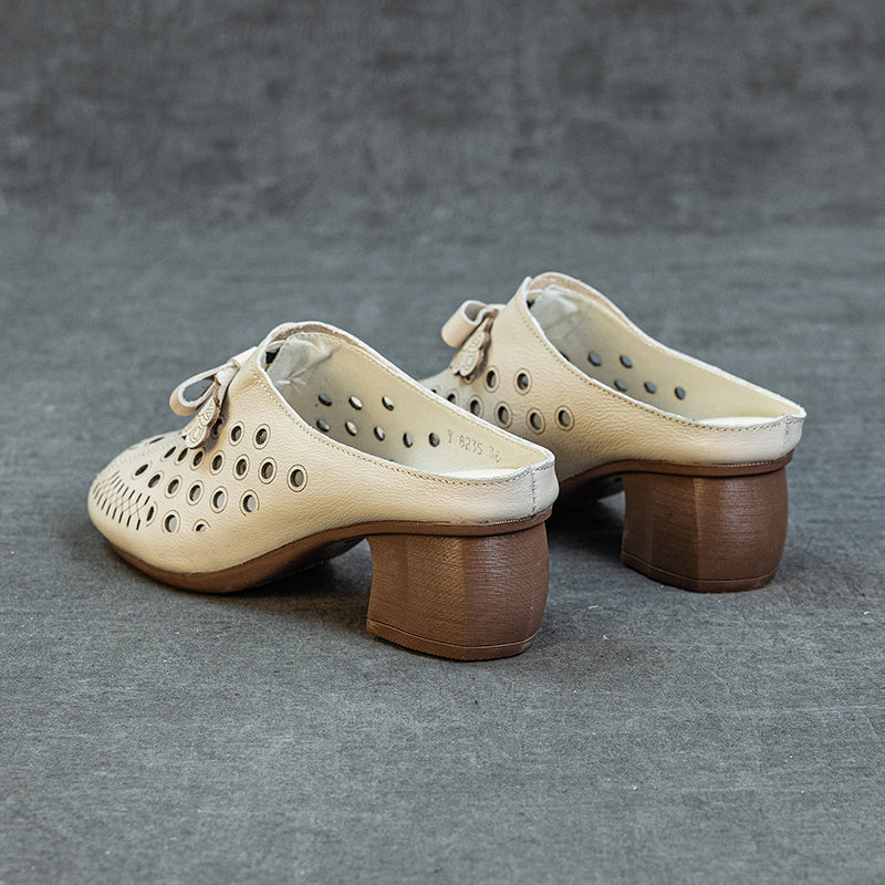 Women's Leather Bowknot Hollow Out Mid Heel Block Mule Shoes
