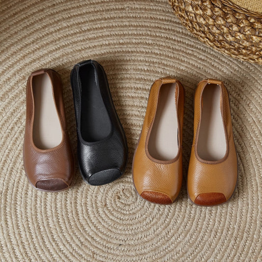 Women's Leather Round Toe Comfortable Ballet Flats