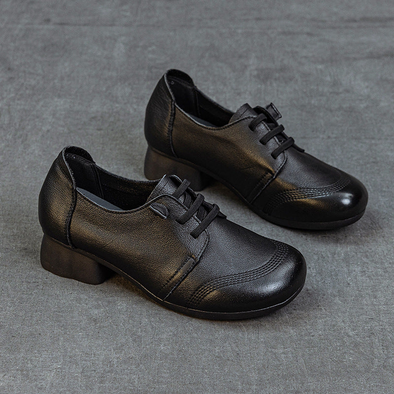 Women's Leather Low Block Heel Lace-Up Casual Shoes