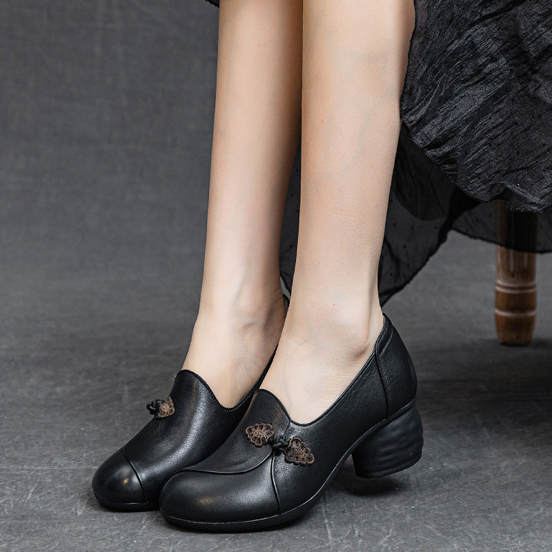 Women's Elegant Slip-On Mid Heels – Inspired by Chinese Frog Button Design