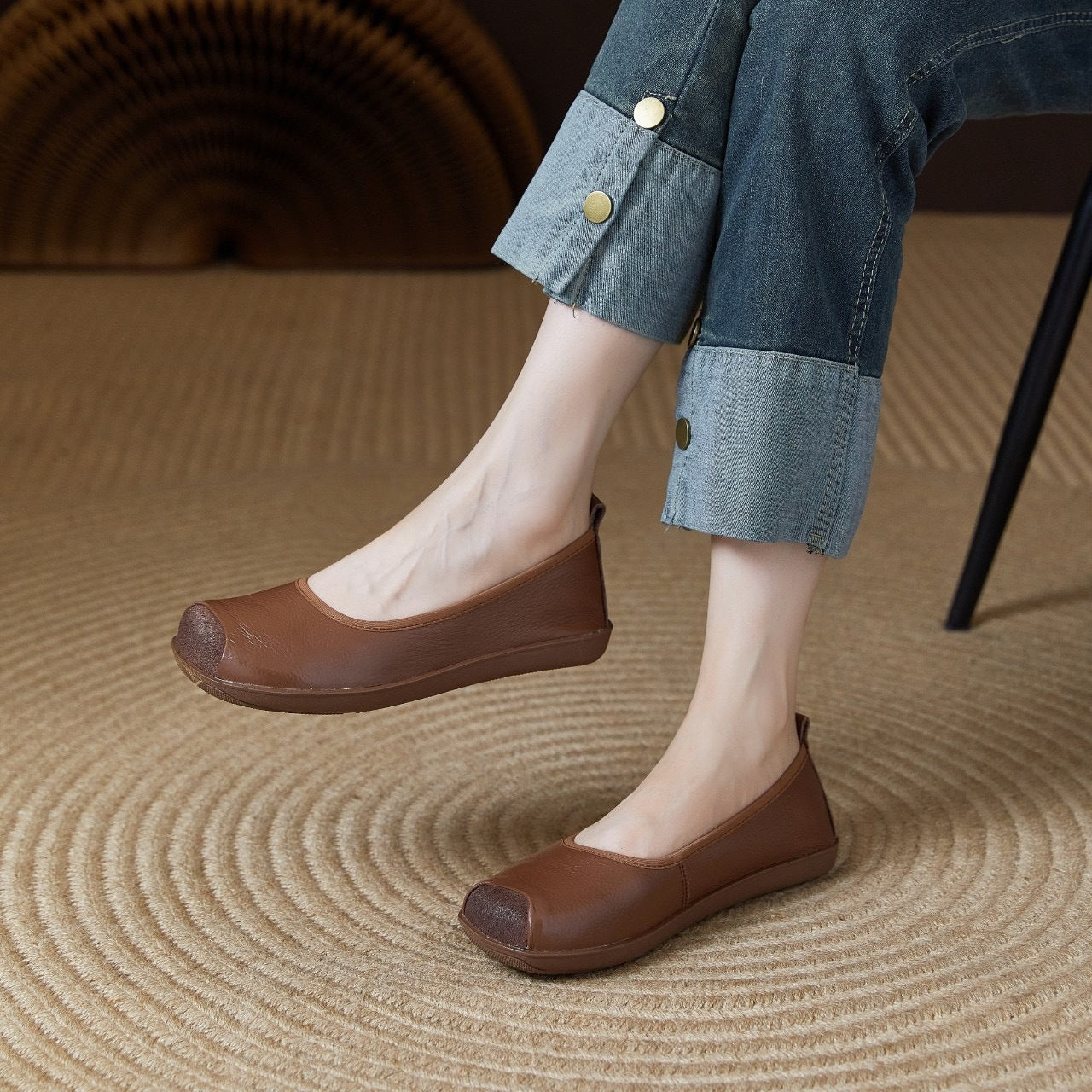 Women's Leather Round Toe Comfortable Ballet Flats