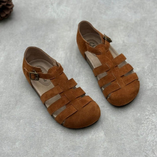 Women's Closed Toe Woven Suede Leather Sandals – Retro Flat Casual Style