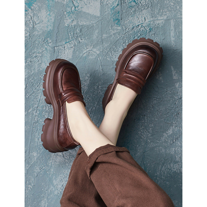 Womens Genuine Leather Heeled Platform Casual Loafers