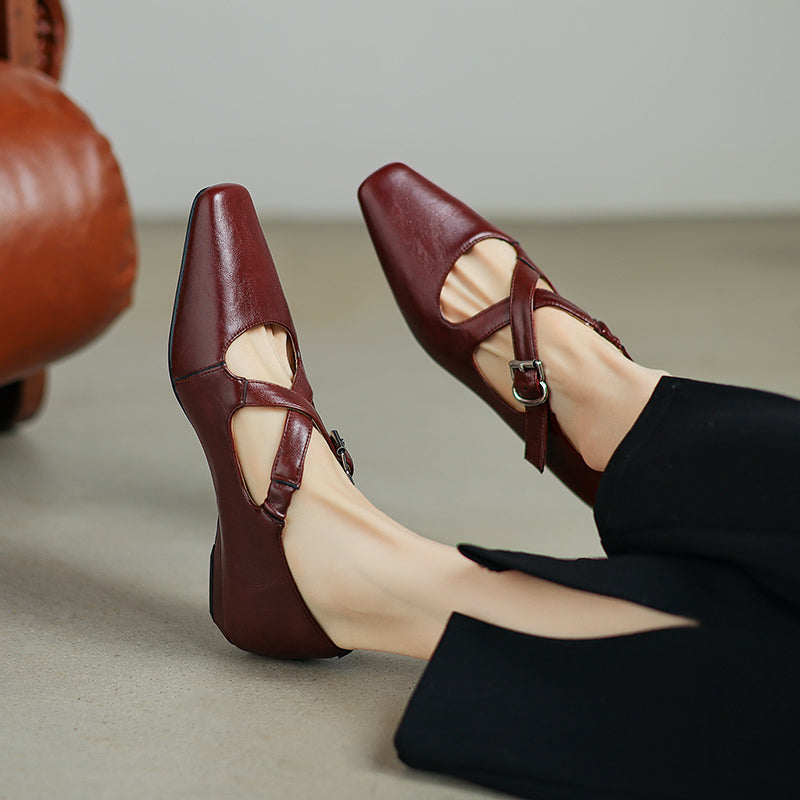Womens Vintage Handmade Cross Buckle With Mary Jane Low Heels