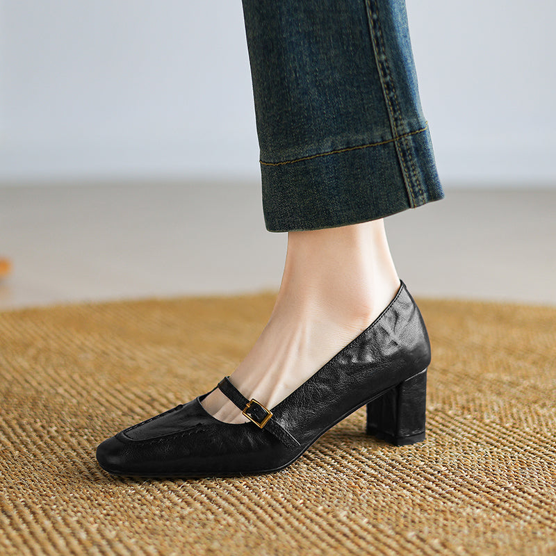 Women's Sheepskin Elegant Chunky Heel Buckle Pump