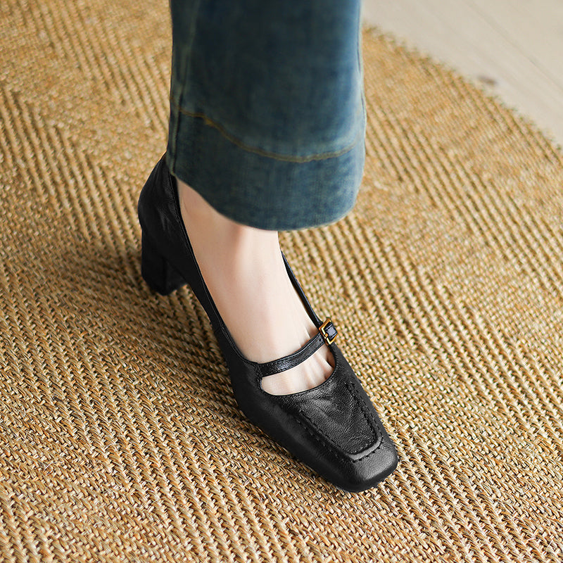 Women's Sheepskin Elegant Chunky Heel Buckle Pump