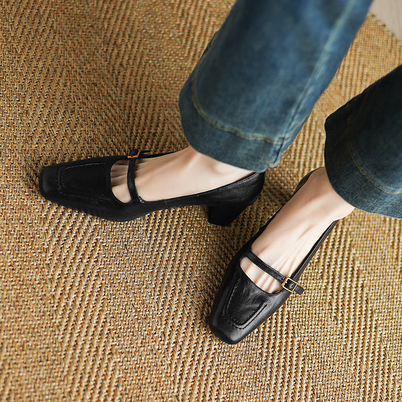 Women's Sheepskin Elegant Chunky Heel Buckle Pump