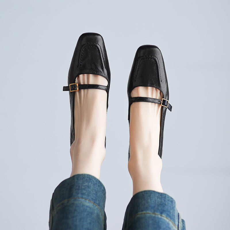 Women's Sheepskin Elegant Chunky Heel Buckle Pump