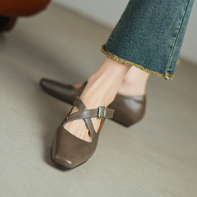 Womens Vintage Handmade Cross Buckle With Mary Jane Low Heels