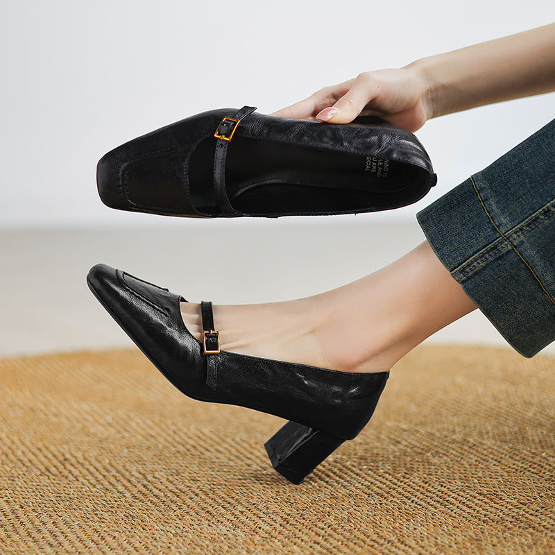 Women's Sheepskin Elegant Chunky Heel Buckle Pump