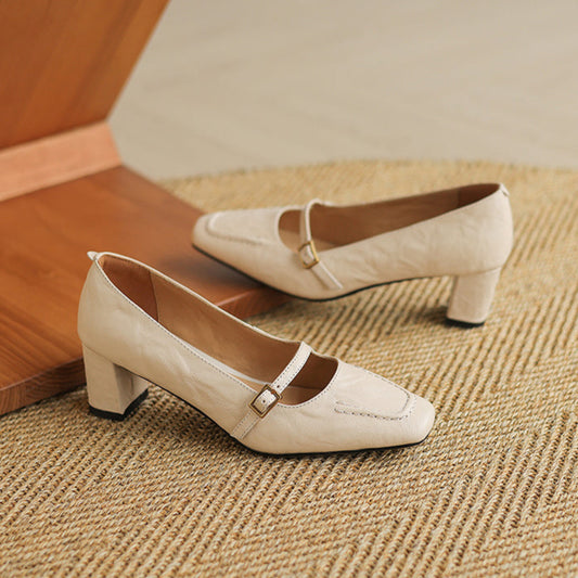 Women's Sheepskin Elegant Chunky Heel Buckle Pump