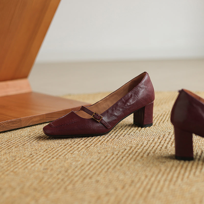 Women's Sheepskin Elegant Chunky Heel Buckle Pump
