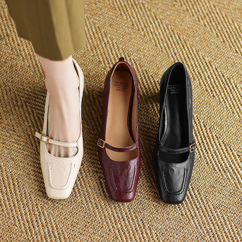 Women's Sheepskin Elegant Chunky Heel Buckle Pump
