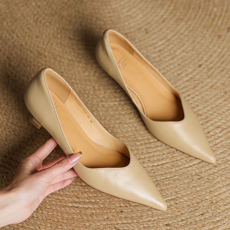 Women's Handmade Leather Classic Pointed Toe Kitten Heel Pumps
