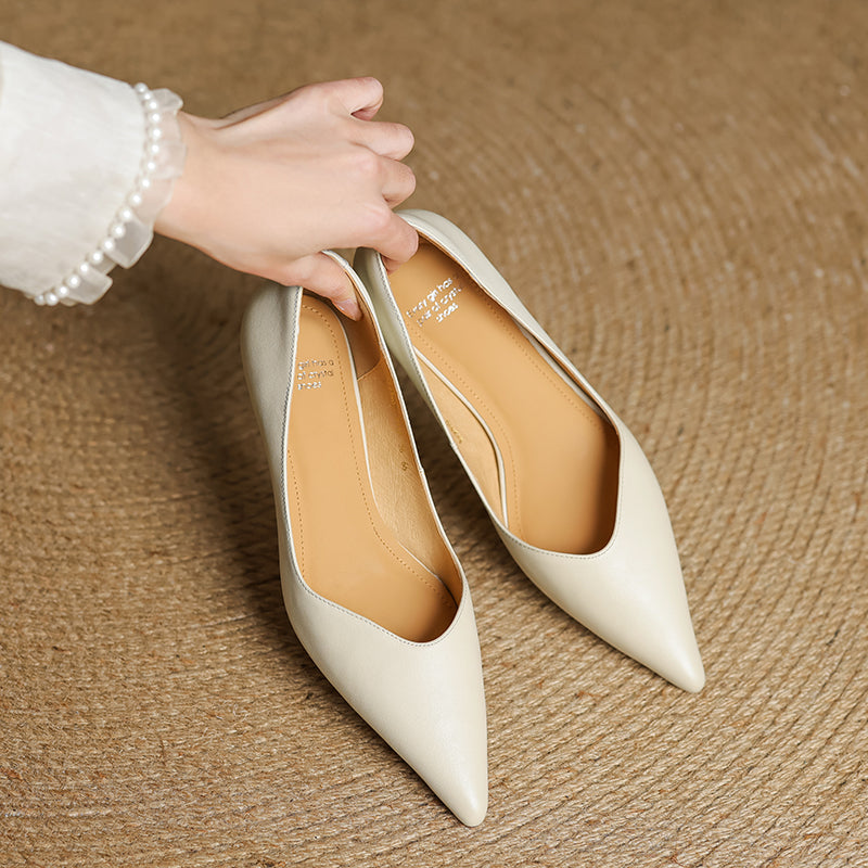 Women's Handmade Leather Classic Pointed Toe Kitten Heel Pumps