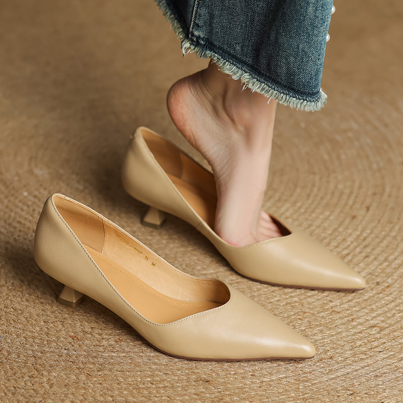 Women's Handmade Leather Classic Pointed Toe Kitten Heel Pumps