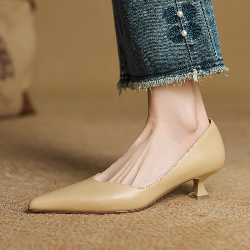 Women's Handmade Leather Classic Pointed Toe Kitten Heel Pumps