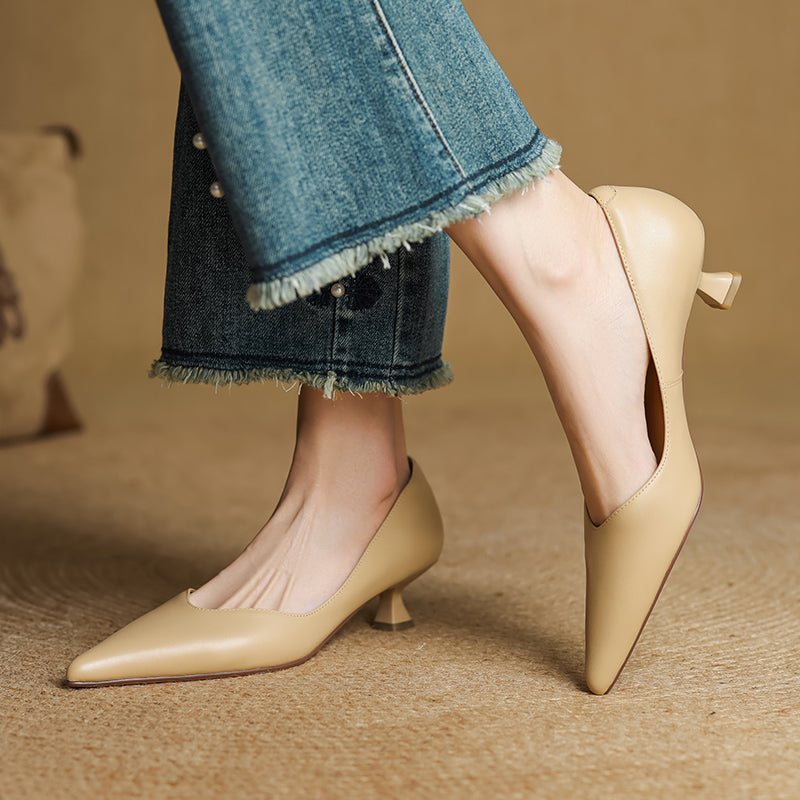 Women's Handmade Leather Classic Pointed Toe Kitten Heel Pumps