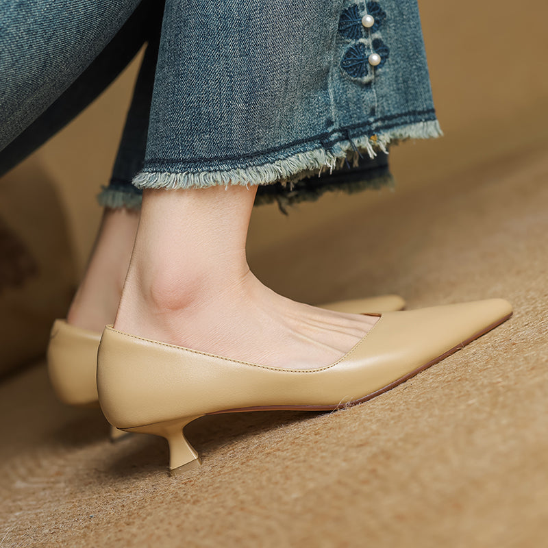 Women's Handmade Leather Classic Pointed Toe Kitten Heel Pumps