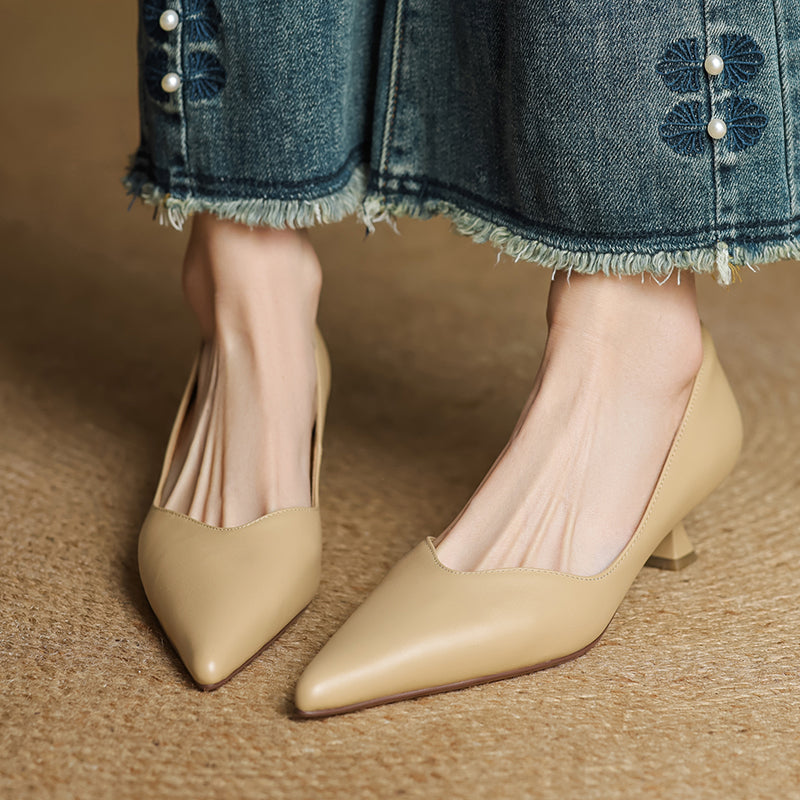 Women's Handmade Leather Classic Pointed Toe Kitten Heel Pumps