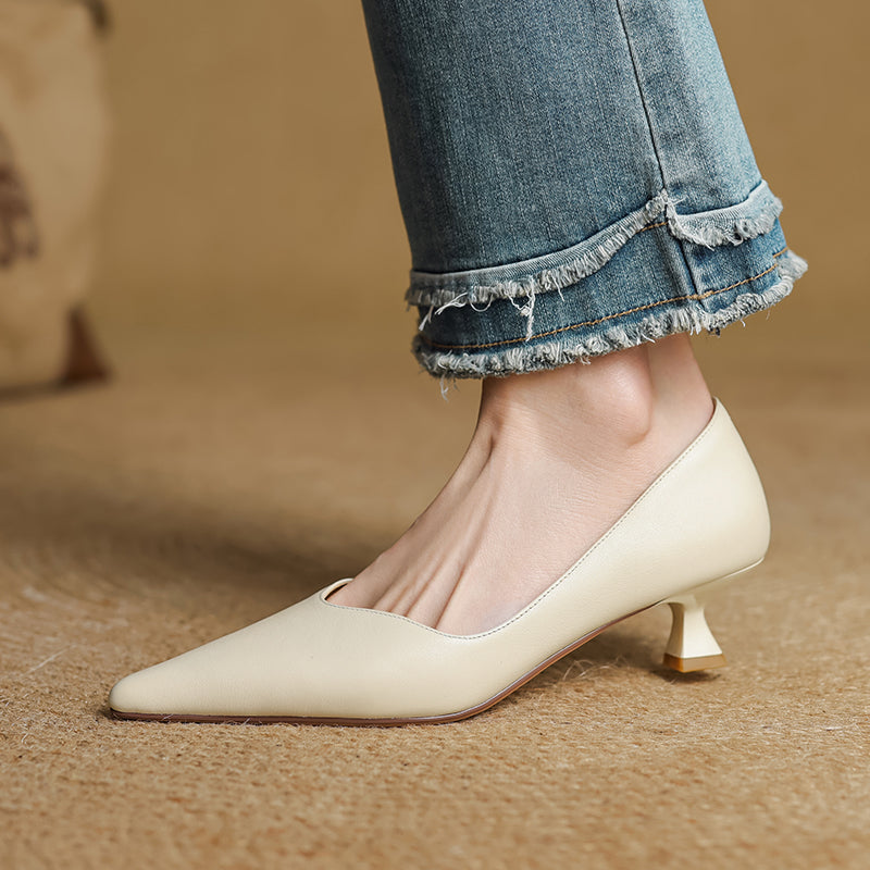Women's Handmade Leather Classic Pointed Toe Kitten Heel Pumps